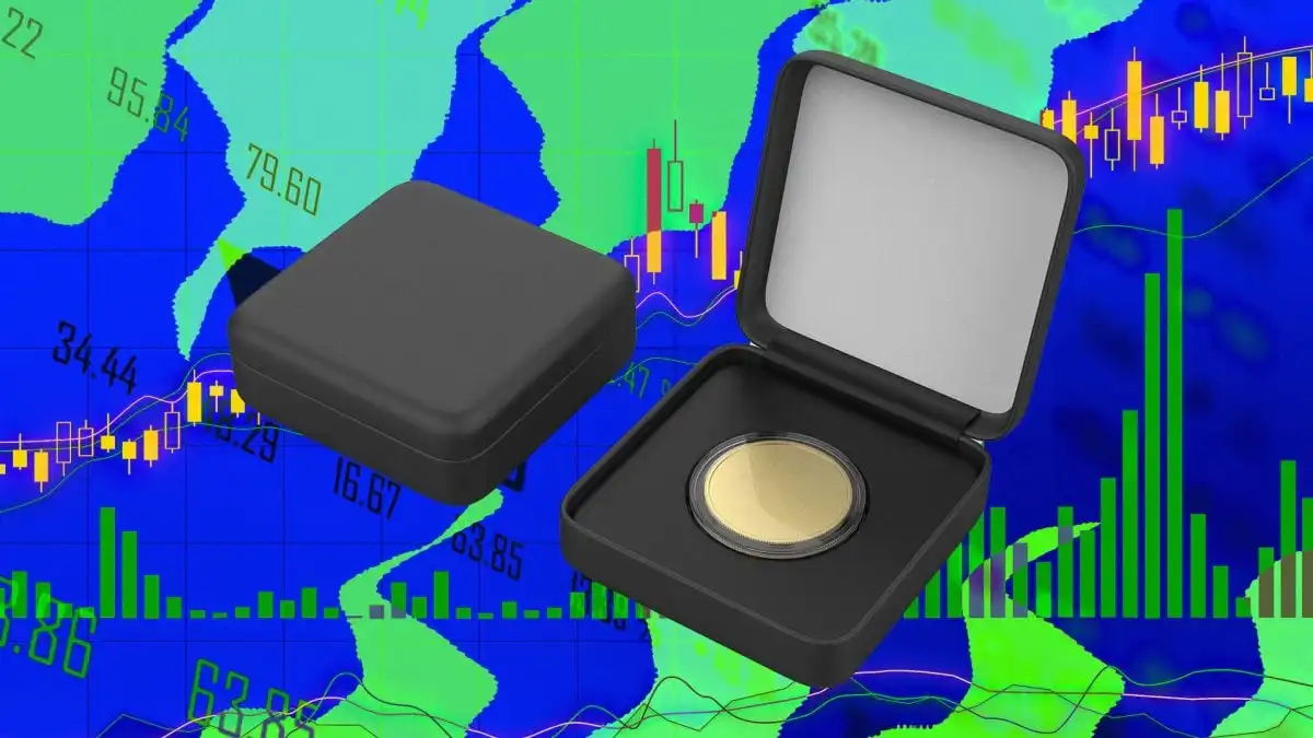 Gold coin inside an open black presentation box with the lid closed beside it, set against a digital background of financial charts and world map.