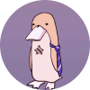 Cartoon duck standing with a blue and white striped necktie on a purple circular background.