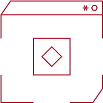 Minimalist red outline of a computer window with a centered diamond shape and a round button and asterisk symbol in top right corner.