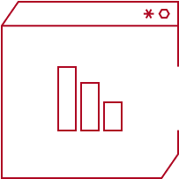 Red outlined browser window icon containing a descending bar chart with three bars.