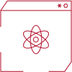 Red outline of a web browser window with an atom icon inside, representing a science or technology website.