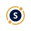 Securitize company logo with a dark blue circle enclosing a letter S, encircled by two gold curved lines with dots.