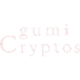 Text reading 'gumi Cryptos' in stylized serif font on a black background.