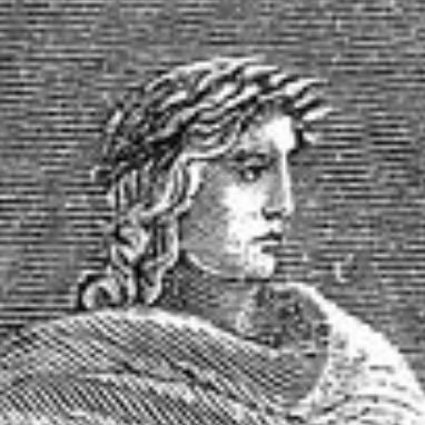 Engraved portrait of a classical figure with wavy hair and a contemplative expression.