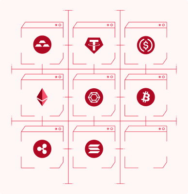 Grid of nine red cryptocurrency icons including Terra, Tether, USD Coin, Ethereum, Chainlink, Bitcoin, Ripple, and two unlabeled icons.