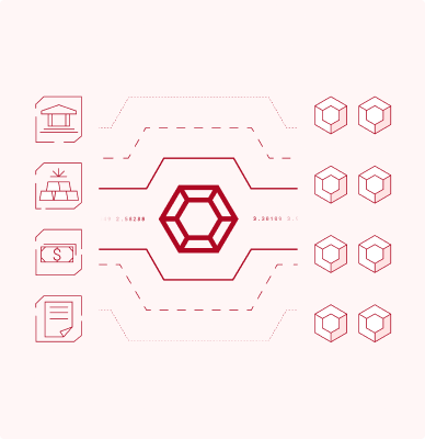 Central hexagonal blockchain symbol connected by lines to icons representing government, gold bars, currency, and documents on the left, and to cube blocks on the right.