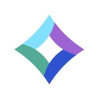 Abstract diamond shape composed of four curved colored bands in teal, light blue, purple, and dark blue.