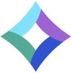 Abstract diamond-shaped geometric logo with four curved segments in shades of blue, purple, and teal.