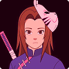 Illustration of a young female warrior with long brown hair, a pink hair ribbon, and a purple outfit holding a katana.
