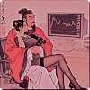 Woman in a red robe sitting on a chair, holding a man in a suit on her lap, with a computer screen showing a stock chart in the background.
