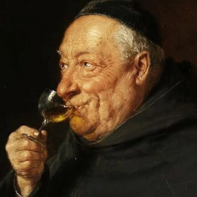 Portrait of an elderly man in a dark robe sipping from a glass of amber liquid with a content expression.