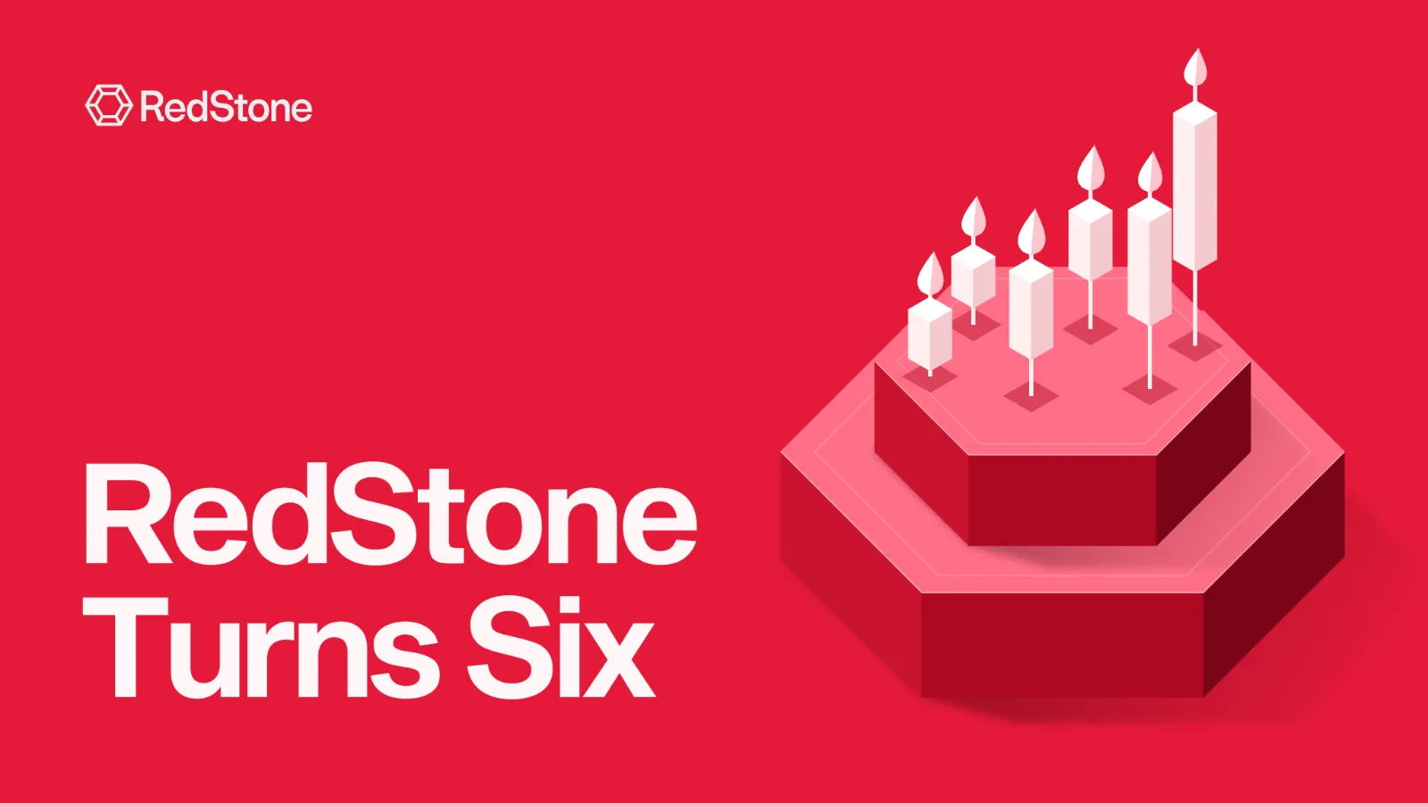 RedStone Turns Six: a hexagon cake topped with candles shaped like a rising candlestick chart